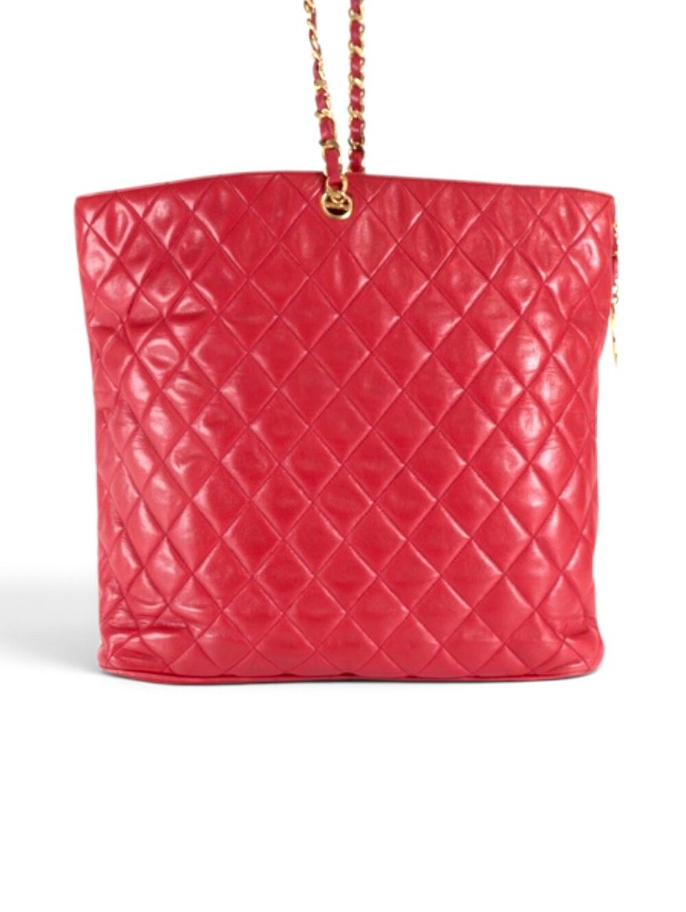 Chanel Red Quilted Lambskin CC Logo Charm Chain Tote Bag Vintage - Picture 3 of 11